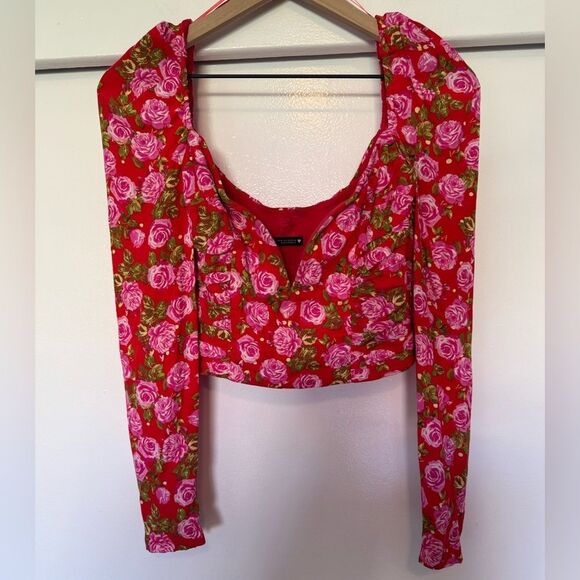 Zara Red and Pink Ruched Crop Blouse XS - Picture 2 of 8